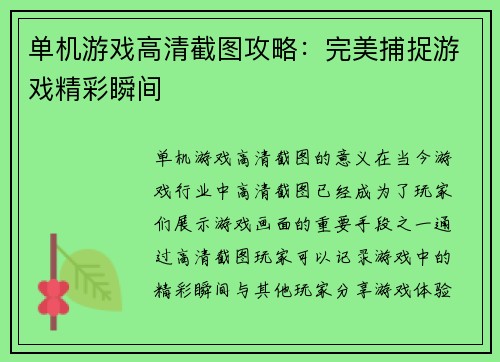 单机游戏高清截图攻略：完美捕捉游戏精彩瞬间